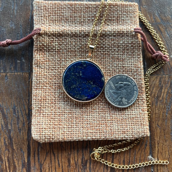 Genuine Lapis Lazuli Round Pendant Lapis Necklace Minimalist Crystal Necklace - Picture 2 of 2